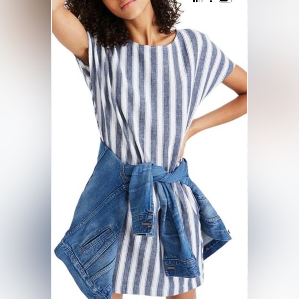 Madewell‎ Blue White Stripe Play Button Back Linen Blend Preppy Dress Size M
